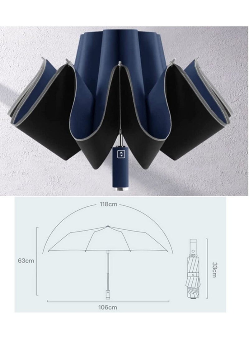 UPF 50 Plus UV Protection Travel Umbrella Automatic Open Close Reverse Folding Compact Windproof Lightweight Sunscreen Umbrella with Reflective Strip for Men Women Blue - Image 3