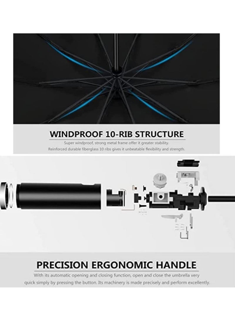 UPF 50 Plus UV Protection Travel Umbrella Automatic Open Close Reverse Folding Compact Windproof Lightweight Sunscreen Umbrella with Reflective Strip for Men Women Blue - Image 4