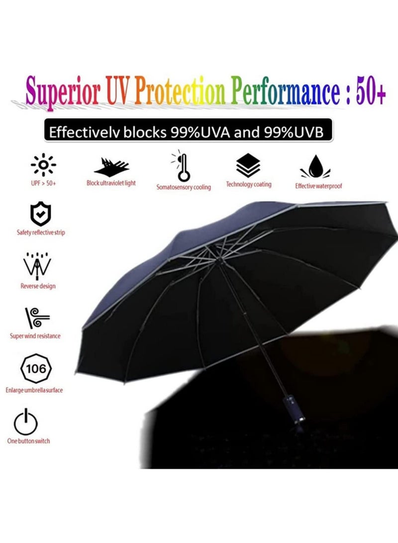 UPF 50 Plus UV Protection Travel Umbrella Automatic Open Close Reverse Folding Compact Windproof Lightweight Sunscreen Umbrella with Reflective Strip for Men Women Blue - Image 2