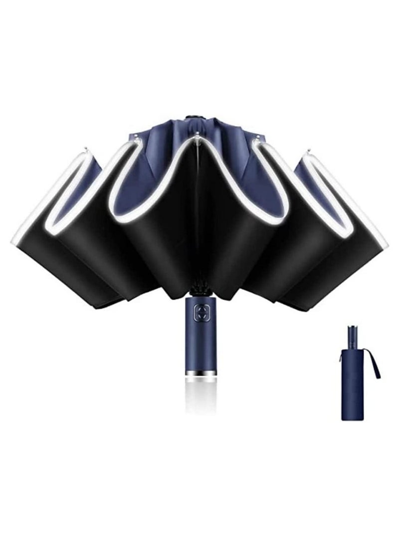 UPF 50 Plus UV Protection Travel Umbrella Automatic Open Close Reverse Folding Compact Windproof Lightweight Sunscreen Umbrella with Reflective Strip for Men Women Blue - Image 1
