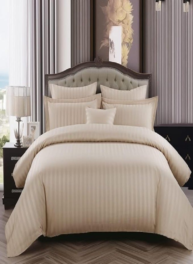 RISHAHOME 6 Piece King Size Medium Beige Colour Striped Duvet Cover Set Includes 1 Duvet Cover 220x240 cm,1 Fitted BedSheet 200x200+30 cm,2 Pillow Cases- 50x75 cm,2 Pillow Sham- 50x75+5 cm Microfiber - Image 2