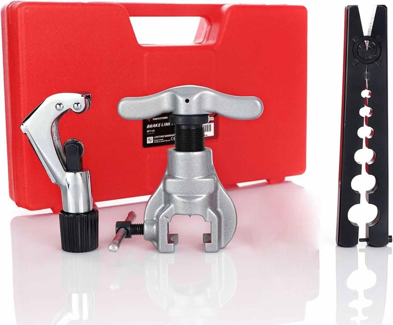 UPTODATETOOLS Flaring Tool Set 6 Dies Brake Line Tool Sizes 14 34 45 Degree Heavy Duty Eccentric Cone Type Set Extra Adapters a Cutter for 18 to 118 Pipe - Image 2