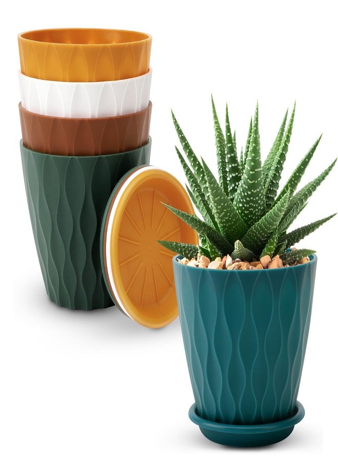 YNNICO 4 inch Plant Pots, 5 Pack Flower Pots Outdoor Indoor, Planters with Drainage Holes and Tray Saucers (Multicolor) - Image 1