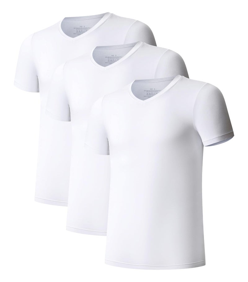 COLORFULLEAF Men's Undershirt Bamboo Rayon V-Neck T-Shirts Short Sleeve Tagless Tees Slim Fit Underwear 3-Pack (White, L) - Image 1