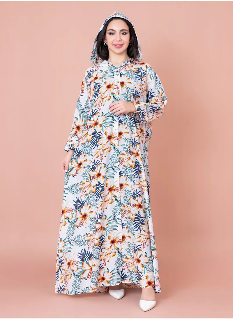 IKKXA Floral Printed Hoodie Jalabiya IK1030 White