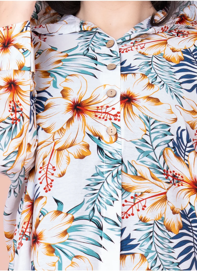 IKKXA Floral Printed Hoodie Jalabiya IK1030 White