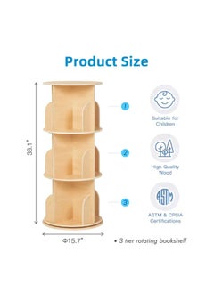 LIMOS 3 Tier Rotating Bookshelf 360 Spinning Books Storage Display Rack Floor Standing Shelves with Baffle  - Image 5