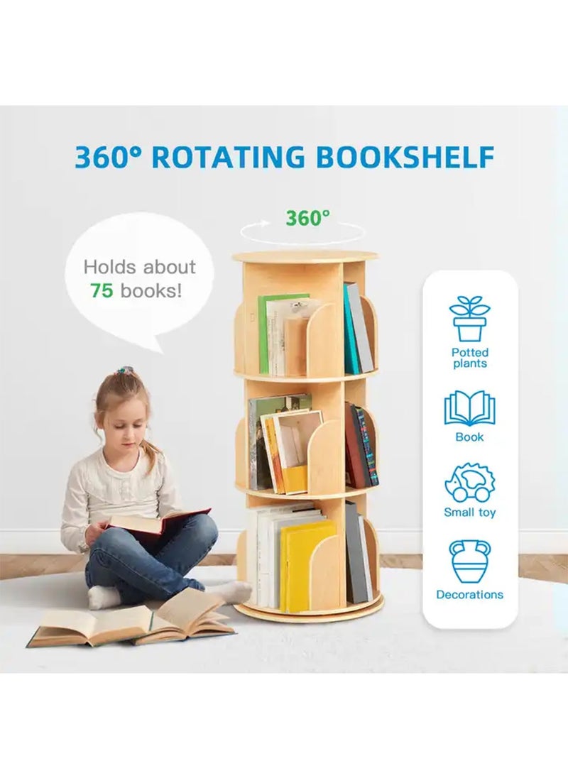 ليموس - رف كتب دوار من 3 طبقات 360 رف عرض لتخزين الكتب الدوارة، أرفف قائمة على الأرض مع حاجز - Image 1