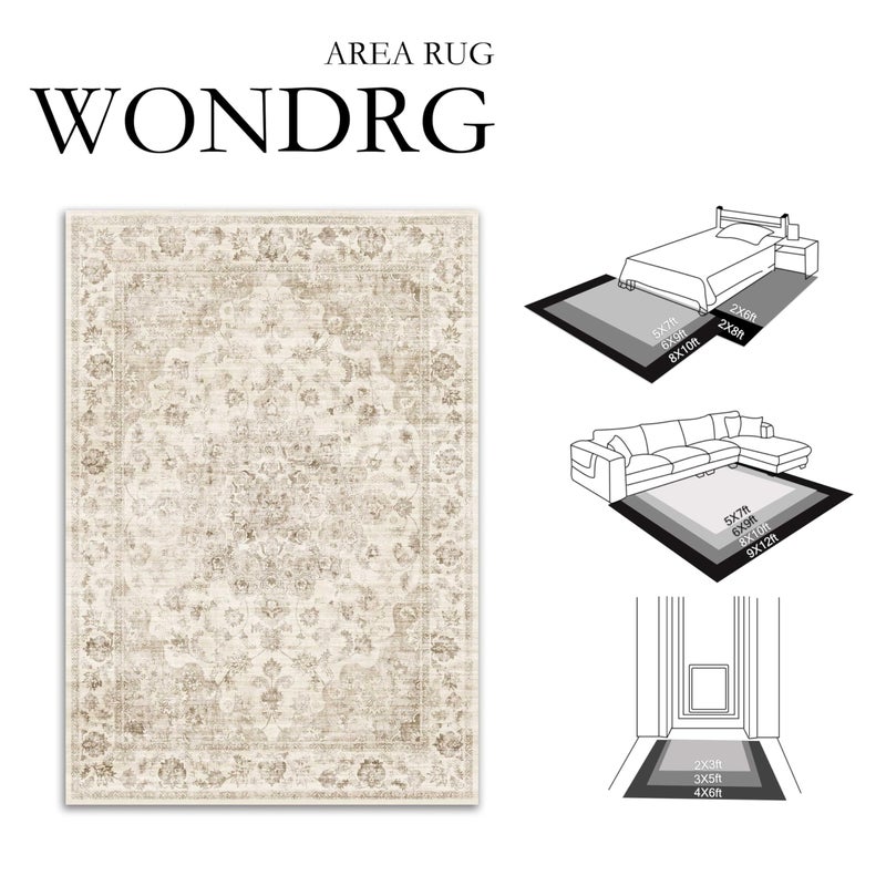 WondRg سجادة منطقة قابلة للغسل 6x9 بيج عتيقة لغرفة المعيشة وغرفة النوم غير قابلة للانزلاق ناعمة منخفضة الوبر مزخرفة بالزهور للسجاد الداخلي لغرفة الطعام والمدخل والمكتب - Image 2