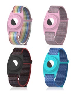 4Pcs Nylon Kids Wristband Compatible with Apple Airtag, Bracelet Strap TPU Protective Sleeve Silicone Adjustable Anti-lost Finder Case for Kids Elderly (Pink+Rainbow+Black+Blue)