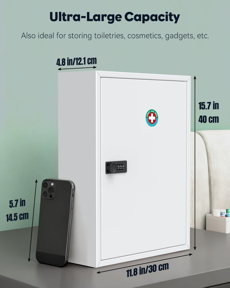 Uniclife Wall Mount Medicine Cabinet with Combination Lock, Locking First Aid Cabinet, Lockable Medical Cabinet, Large Capacity Medicine Organizer, Secure Steel Wall Cabinet Metal Storage Box, White - Image 2