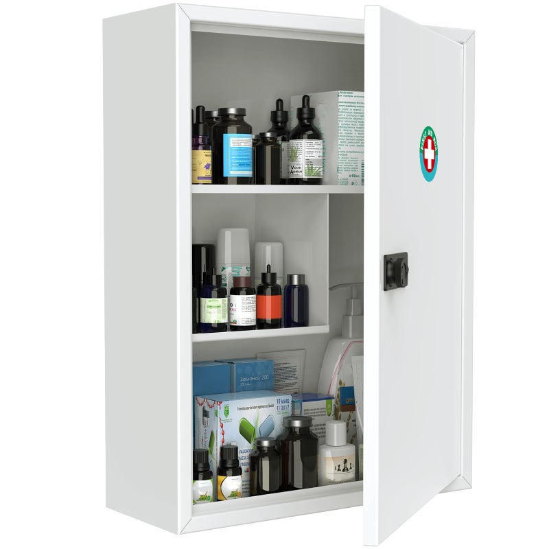 Uniclife Wall Mount Medicine Cabinet with Combination Lock, Locking First Aid Cabinet, Lockable Medical Cabinet, Large Capacity Medicine Organizer, Secure Steel Wall Cabinet Metal Storage Box, White - Image 1