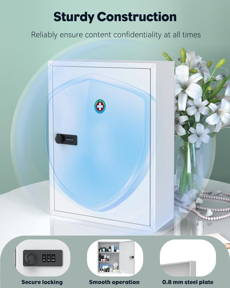 Uniclife Wall Mount Medicine Cabinet with Combination Lock, Locking First Aid Cabinet, Lockable Medical Cabinet, Large Capacity Medicine Organizer, Secure Steel Wall Cabinet Metal Storage Box, White - Image 5