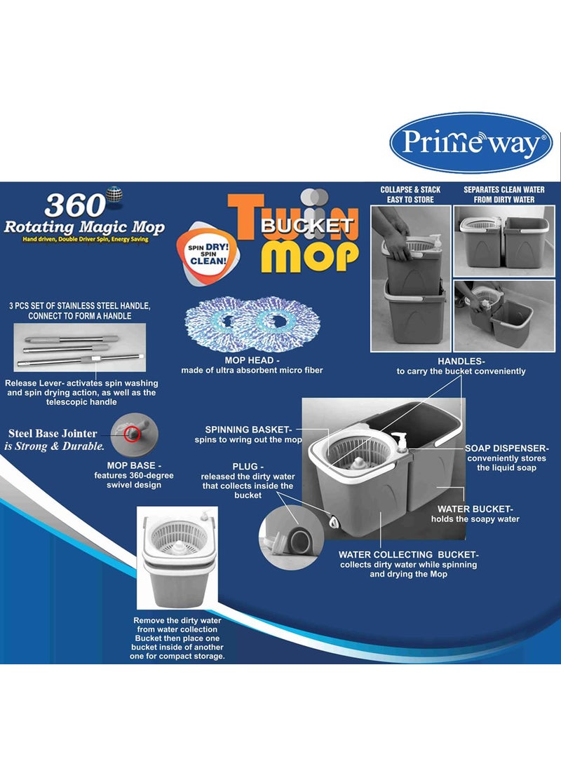 Primeway - Primeway® Plastic SS Double Bucket 360 Rotating Spin Floor Cleaning Mop with Clean and Dirty Water Separator with 2 Microfibre 38cm Refills, 6 LTR, Grey - Image 1