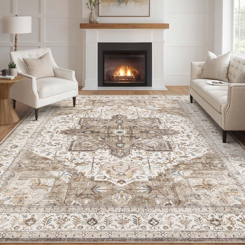 Tortania Area Rug Living Room Rugs - 8x10 Washable Boho Rug Vintage Oriental Distressed Farmhouse Large Thin Indoor Carpet for Living Room Bedroom Under Dining Table Home Office - Brown - Image 1