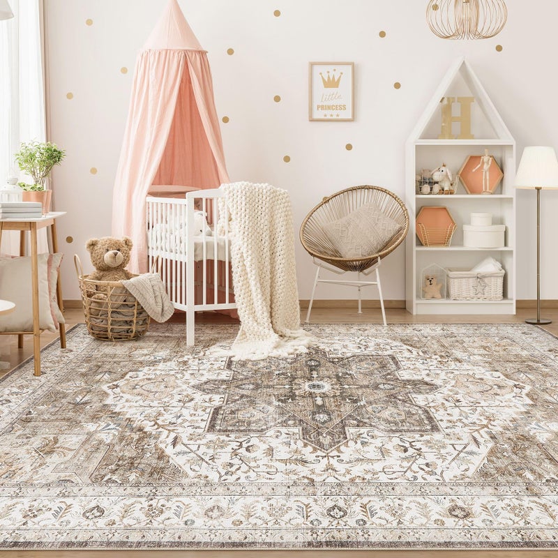 Tortania Area Rug Living Room Rugs - 8x10 Washable Boho Rug Vintage Oriental Distressed Farmhouse Large Thin Indoor Carpet for Living Room Bedroom Under Dining Table Home Office - Brown - Image 3