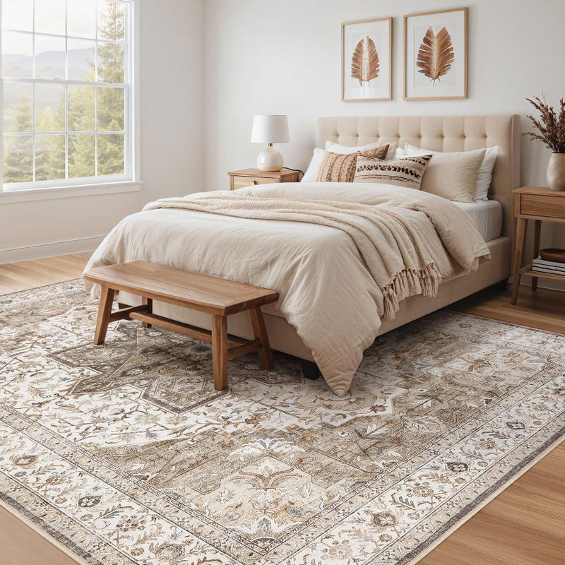 Tortania Area Rug Living Room Rugs - 8x10 Washable Boho Rug Vintage Oriental Distressed Farmhouse Large Thin Indoor Carpet for Living Room Bedroom Under Dining Table Home Office - Brown - Image 2