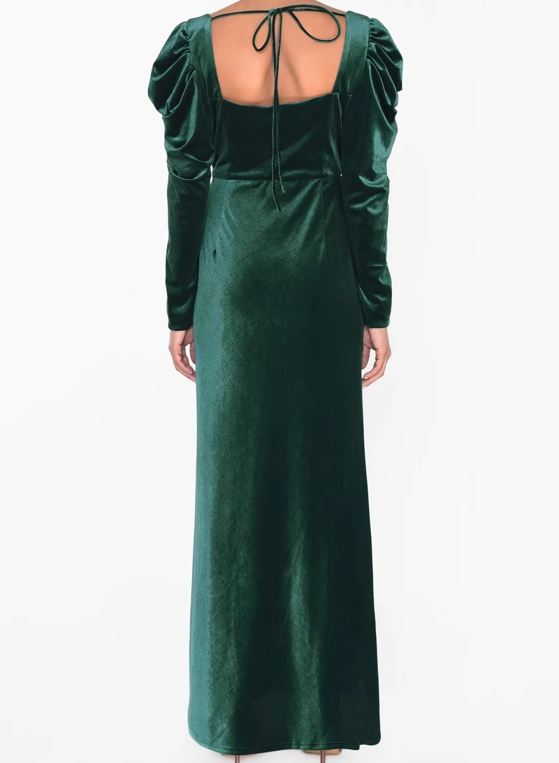 True Decadence Emerald Green Velvet Maxi Dress with Extravagant Shoulders