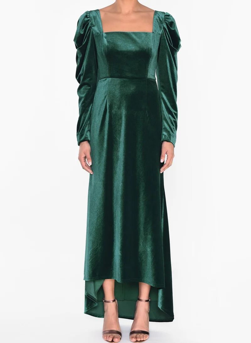 True Decadence Emerald Green Velvet Maxi Dress with Extravagant Shoulders