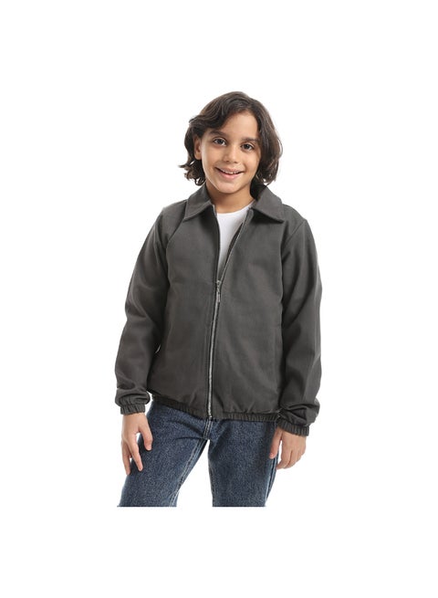 A formal Sleek And Edgy Turned Down Collar Gabardine Winter Jacket _ Dark Grey