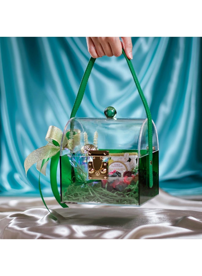 علبة هدايا أنيقة من الأكريليك الأخضر الشفاف، مثالية لحفلات الزفاف، وحفلات الزفاف، وحفلات الخبز، وأعياد الميلاد، ورأس السنة الجديدة، مزودة بقفل معدني ومقبض جلدي - العلبة فقط - 16 × 14 × 16 سم - Image 2