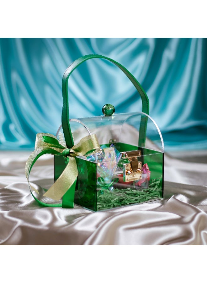 علبة هدايا أنيقة من الأكريليك الأخضر الشفاف، مثالية لحفلات الزفاف، وحفلات الزفاف، وحفلات الخبز، وأعياد الميلاد، ورأس السنة الجديدة، مزودة بقفل معدني ومقبض جلدي - العلبة فقط - 16 × 14 × 16 سم - Image 1