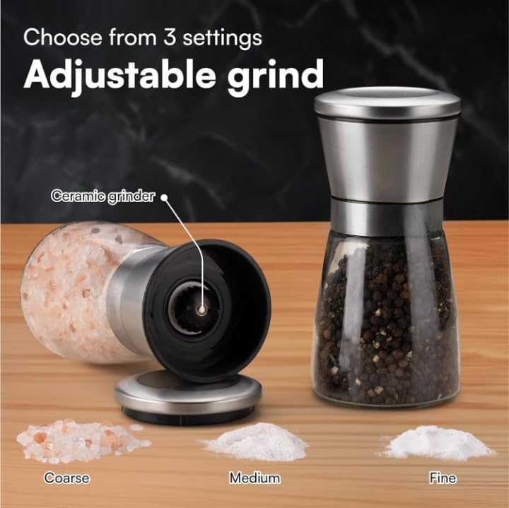 ARANKA Salt and Pepper Grinder Set Manual Mill with Ceramic Adjustable Blades Coarseness Thickness Adjuster Spice Crusher and Sea Salt Shaker - Image 2