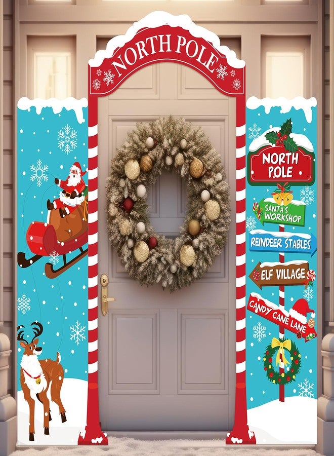Wiooffen Christmas Door Decoration North Pole Christmas Backdrop Fabric Santa Porch Banner Snowy North Pole Door Cover Directional Sign Hanging Banner Xmas Outdoor Decoration for Winter Holiday Party Decor - Image 1