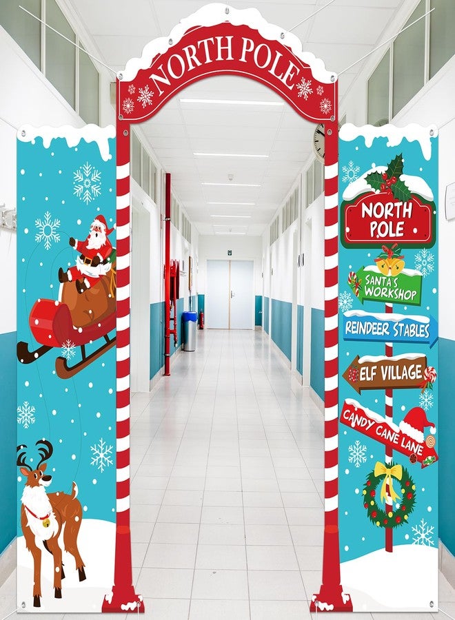Wiooffen Christmas Door Decoration North Pole Christmas Backdrop Fabric Santa Porch Banner Snowy North Pole Door Cover Directional Sign Hanging Banner Xmas Outdoor Decoration for Winter Holiday Party Decor - Image 5