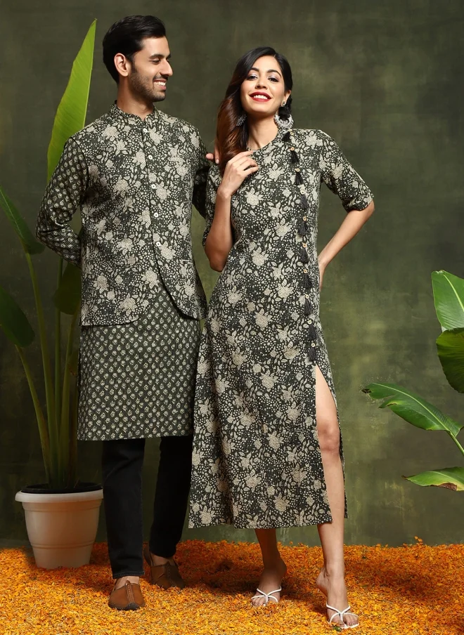 أيه كيه إس Floral Printed Cotton A-Line Midi Dress for Women