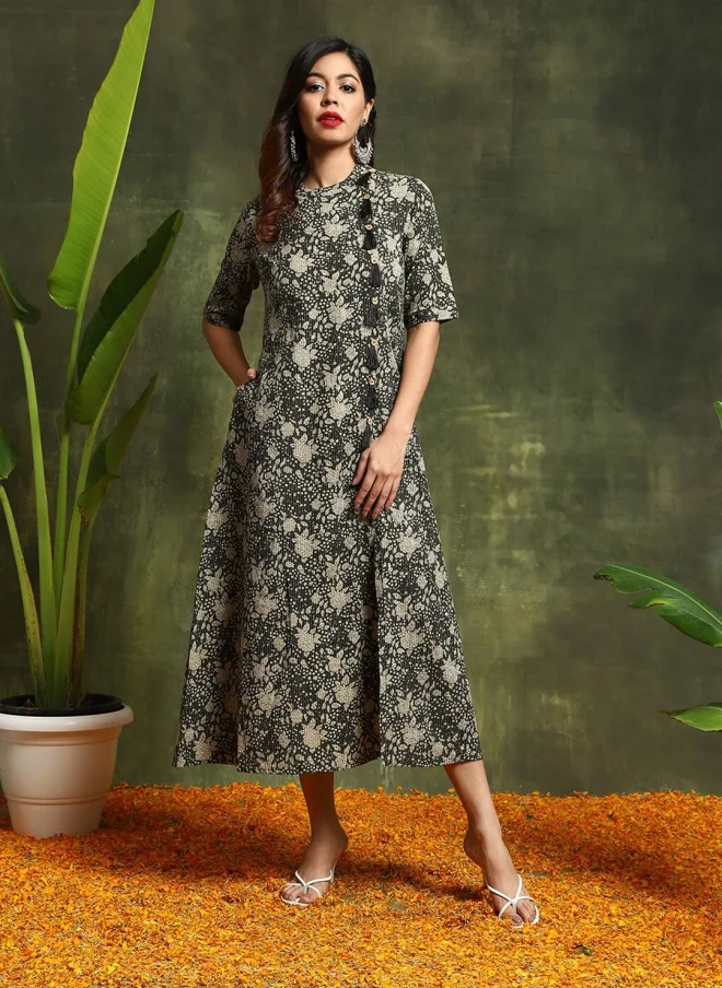 أيه كيه إس Floral Printed Cotton A-Line Midi Dress for Women