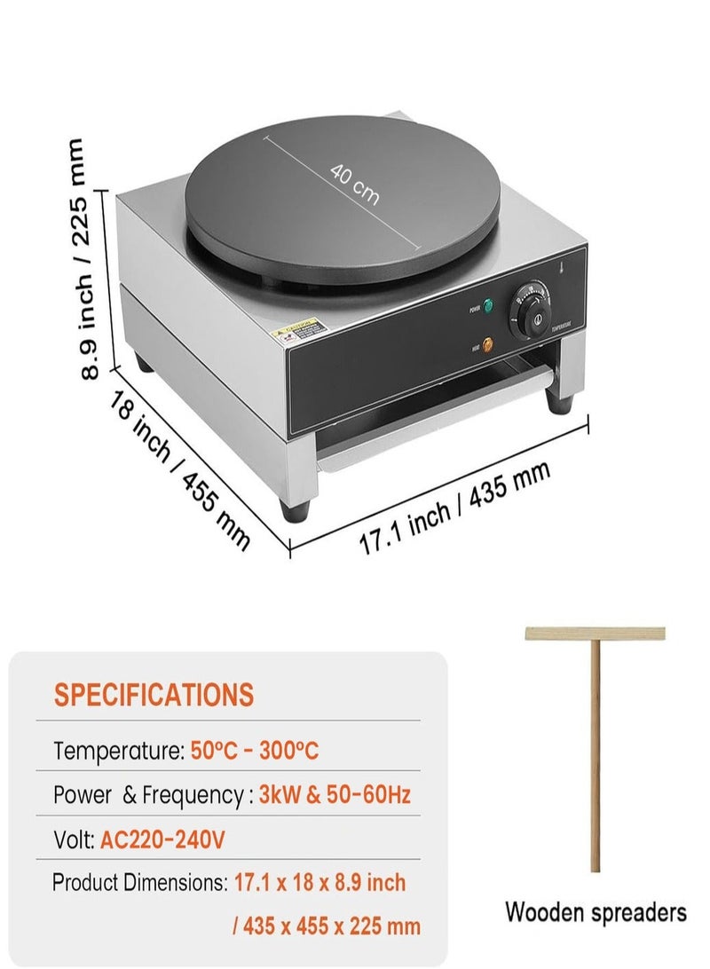 KitchTron Commercial Electric Crepe Maker 40 cm (16”) – 3000W Stainless Steel Crepe Griddle with Non-Stick Cast Iron Plate, Adjustable 50–300°C Thermostat, Professional Pancake Maker, 220V - Image 2