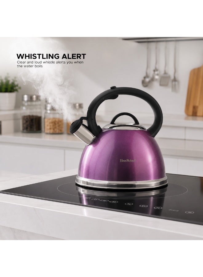HausRoland Haus Roland 3L Purple Whistling Kettle – Stainless Steel Tea Kettle with Ergonomic Handle, Nylon Knob Lid, Whistling Teapot for Induction Gas Electric Stovetops, Glossy Purple Finish - Image 3