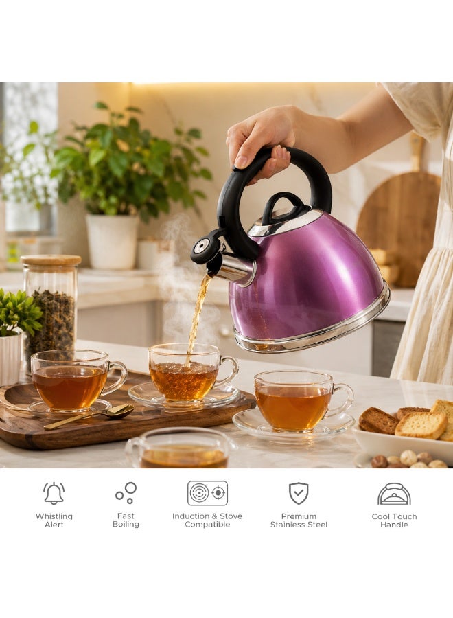 HausRoland Haus Roland 3L Purple Whistling Kettle – Stainless Steel Tea Kettle with Ergonomic Handle, Nylon Knob Lid, Whistling Teapot for Induction Gas Electric Stovetops, Glossy Purple Finish - Image 4