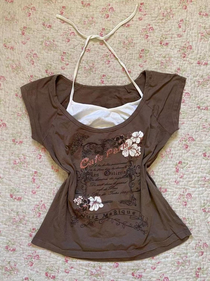 MANGMAO Emo Grunge Shirts Women 2000s Graphic Baby Tee Fake Two Piece Short Sleeve Vintage Y2k Crop Top Goth Alt Clothes (Brown Flower,Small) - Image 3