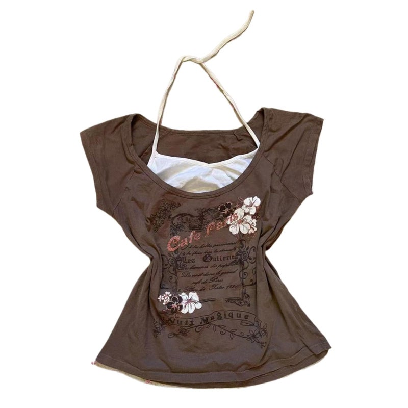 MANGMAO Emo Grunge Shirts Women 2000s Graphic Baby Tee Fake Two Piece Short Sleeve Vintage Y2k Crop Top Goth Alt Clothes (Brown Flower,Small) - Image 1