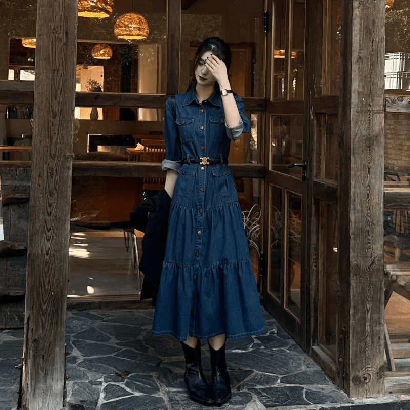 Vintage Elegant Denim Shirt dress Womens Tight Waist Slimming Long Dress Early Autumn New Arrival Light Luxury Womens Clothing Dark blue