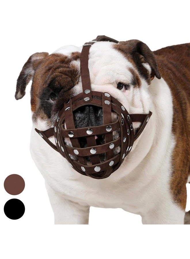 CollarDirect Leather Basket Dog Muzzle for Boxer, English American Bulldog Secure Anti-Barking Biting Chewing Adjustable Breathable (Brown) - Image 1