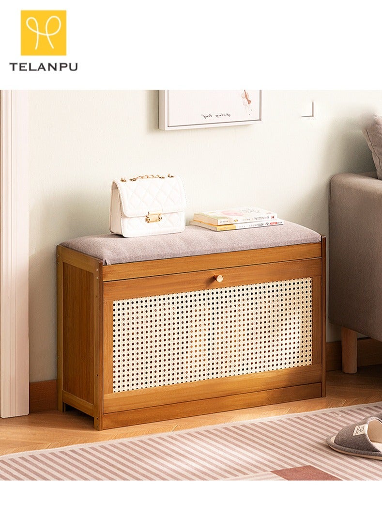 TELANPU Modern Bamboo Shoe Storage Bench with Upholstered Cushion Seat, 2-Tier Tip-Out Shoe Cabinet with Natural Rattan Door, Hidden Shoe Rack Organizer for Entryway, Hallway, Closet (Natural) - Image 1