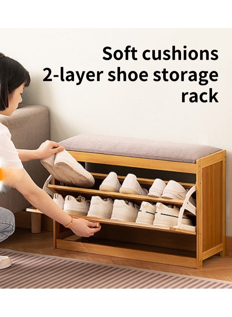 TELANPU Modern Bamboo Shoe Storage Bench with Upholstered Cushion Seat, 2-Tier Tip-Out Shoe Cabinet with Natural Rattan Door, Hidden Shoe Rack Organizer for Entryway, Hallway, Closet (Natural) - Image 2