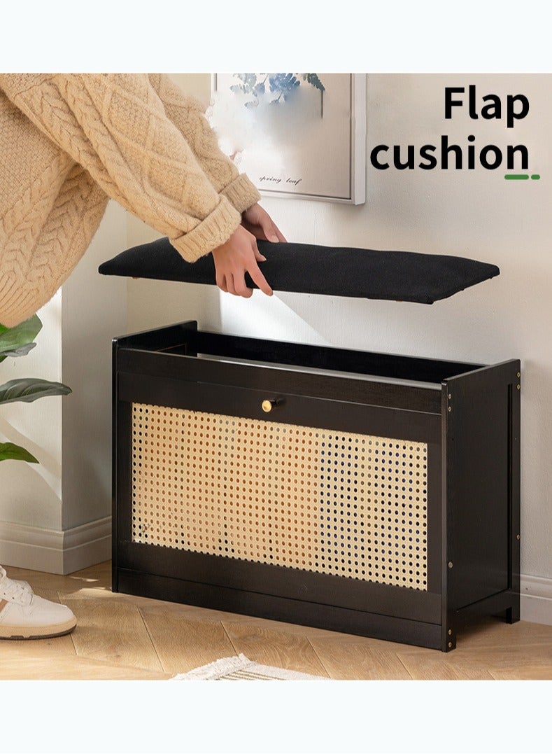 TELANPU Modern Bamboo Shoe Storage Bench with Upholstered Cushion Seat, 2-Tier Tip-Out Shoe Cabinet with Natural Rattan Door, Hidden Shoe Rack Organizer for Entryway, Hallway, Closet (Natural) - Image 5