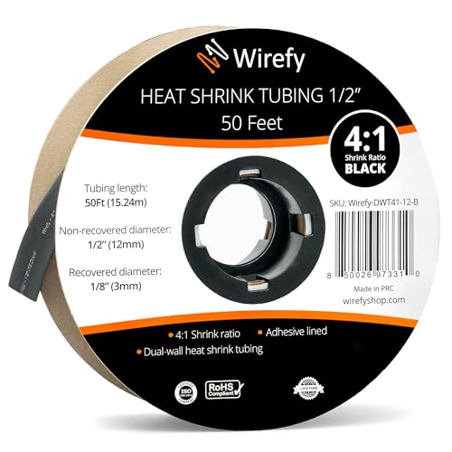 Wirefy 1/2" Heat Shrink Tubing - 4:1 Ratio - Adhesive Lined - Resistant Heat Shrink - 50 Feet Roll - Black - Image 1