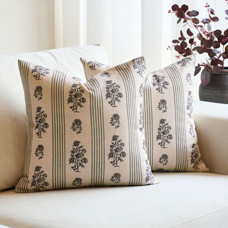 Amor Virisso Floral Throw Pillow Covers 18x18 Set of 2 Block Print Pillow Covers Neutral Floral Striped Farmhouse Decorative Pillow Covers for Sofa Couch Bed, Dusty Green - Image 1