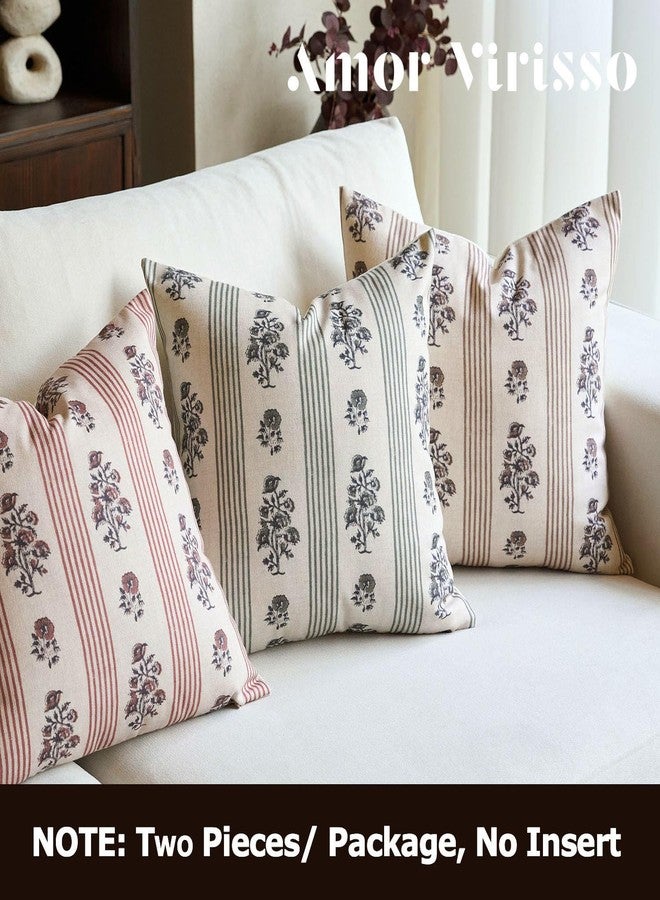 Amor Virisso Floral Throw Pillow Covers 18x18 Set of 2 Block Print Pillow Covers Neutral Floral Striped Farmhouse Decorative Pillow Covers for Sofa Couch Bed, Dusty Green - Image 3