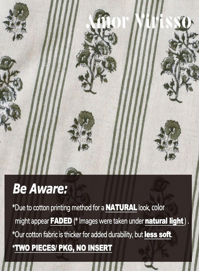 Amor Virisso Floral Throw Pillow Covers 18x18 Set of 2 Block Print Pillow Covers Neutral Floral Striped Farmhouse Decorative Pillow Covers for Sofa Couch Bed, Dusty Green - Image 4