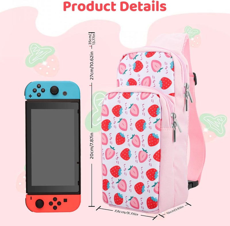 حقيبة كتف الفراولة اللطيفة متوافقة مع Nintendo Switch/Switch OLED وSwitch Lite، حقيبة سفر عالية السعة لإكسسوارات Switch مع حقيبة بطاقات الألعاب و2 غطاء عصا تحكم - Image 3