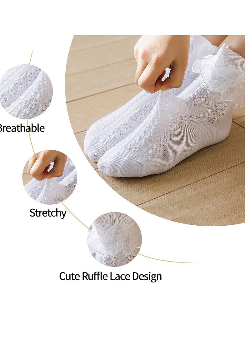 6 Pairs Girls Lace Ruffle Cotton Frilly Ankle Socks Cotton White Princess Dance Dress Socks for Little/Big Kids 4-6Y (6 colors) - Image 2