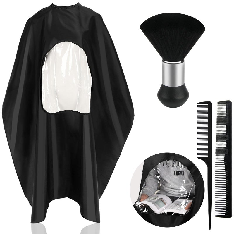 FEBSNOW Professional Black Barber Cape with Neck Duster Brush Large Hair Cutting Cape with SeeThrough Window WaterRepellent Salon Cape with Adjustable Elastic Neckline 55 Inch x 66 Inch