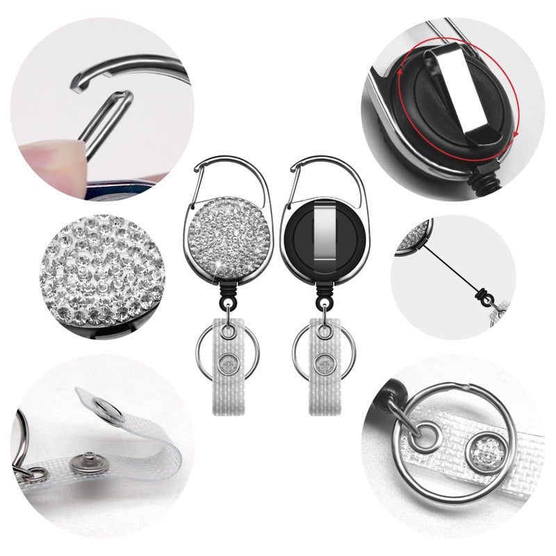 SQEYYGI 3PCS Badge Holder Retractable Clip with Bling Rhinestones Crystal for Women, Sparkly Badge Reel with Belt Clip and Key Ring (White + Pink + Black) - Image 3