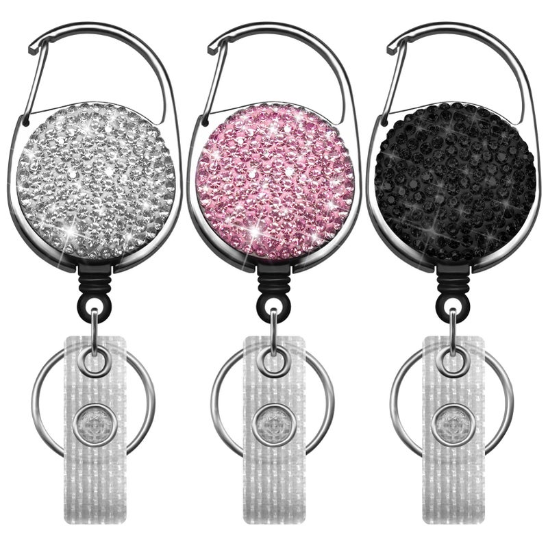 SQEYYGI 3PCS Badge Holder Retractable Clip with Bling Rhinestones Crystal for Women, Sparkly Badge Reel with Belt Clip and Key Ring (White + Pink + Black) - Image 1